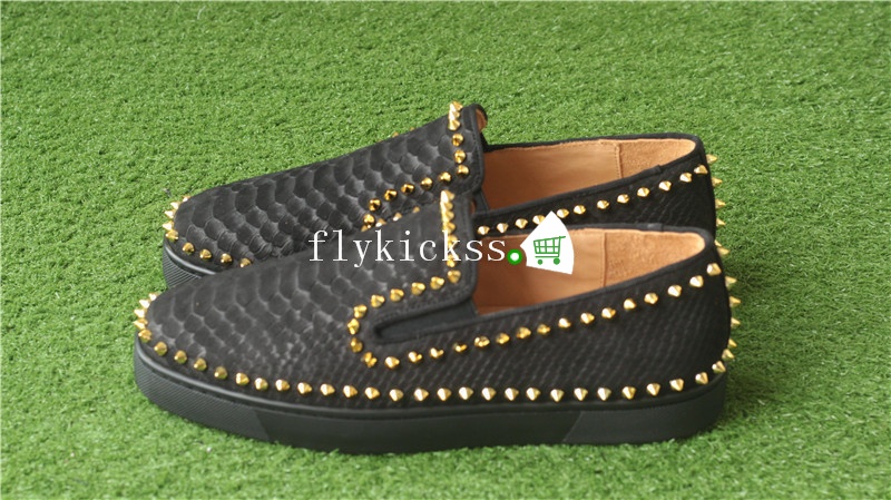 Christian Louboutin Low Spikes Python Leather Pik Boat Flat Black Casual Shoes Golden Rivets